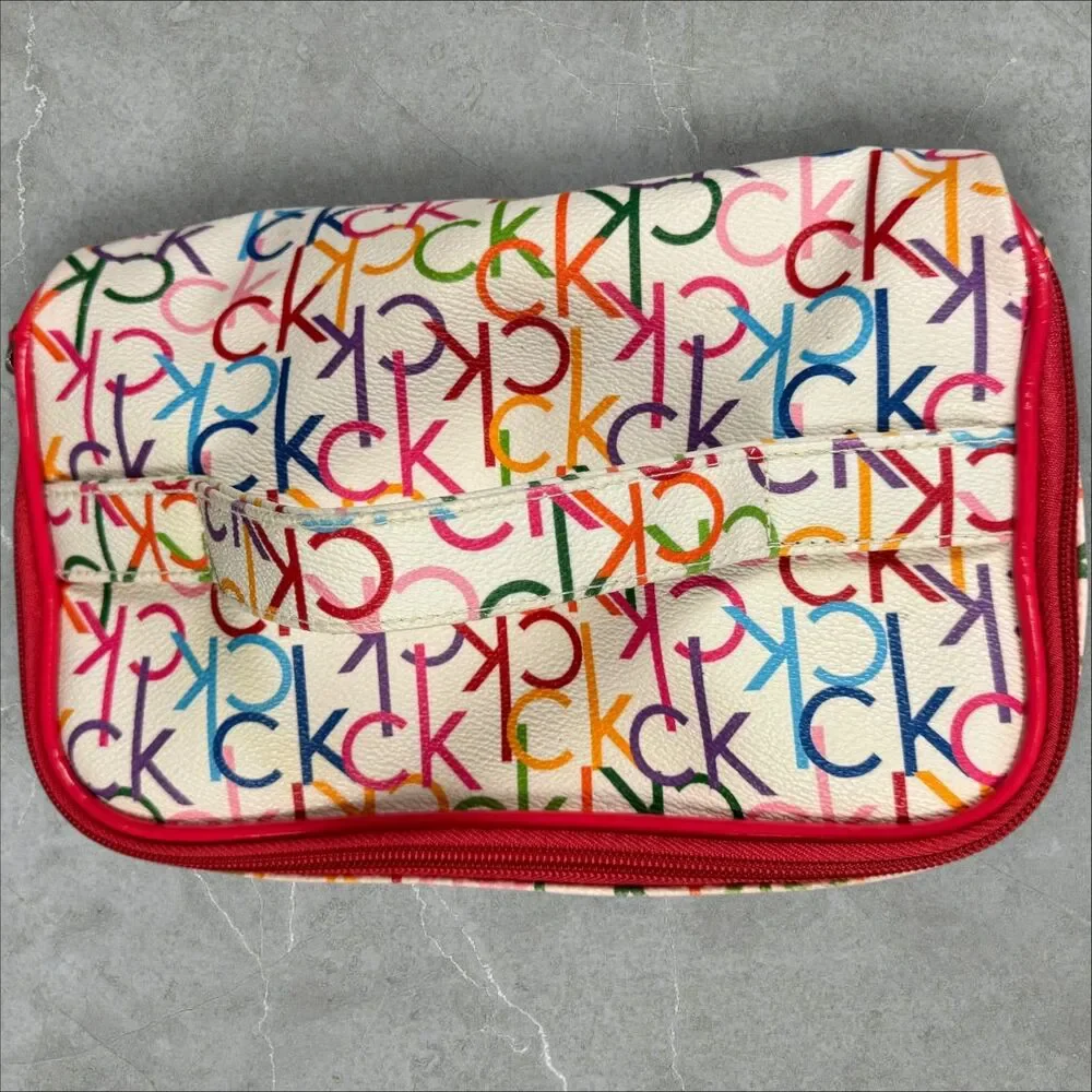 Calvin Klein Rainbow Multi Color Monogram Makeup Bag Tote With Handle Red Zipper